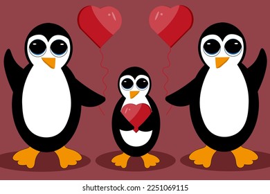 Family of penguins with heart in the hands on viva magenta background. Valentines day website banner with not flying wild seabird. 