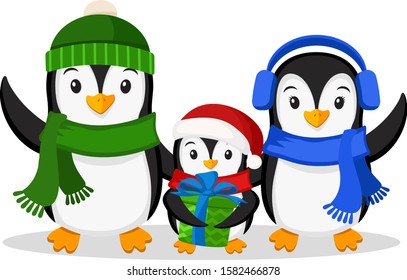 Family of penguins and the little penguin with a gift on white background. Christmas characters