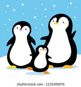 family of penguins under snow. Cartoon family characters. Vector isolated hand draw. Use as illustration for a childrens book postcard sticker character prototype of toy.