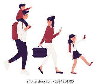 Family people in airport terminal isolated vector illustration. Adult people with baggage and children, smiling parents and kids, tourists flat characters