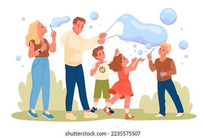 Family people blow soap foam bubbles and play on fun summer party in park vector illustration. Cartoon man and woman show to cute kids big clear balloons, recreation of happy characters in nature