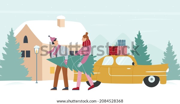 Family people carry Christmas tree to home vector\
illustration. Cartoon man woman characters carrying Xmas pine tree\
after shopping, car with gifts in snow city street. Winter holidays\
concept