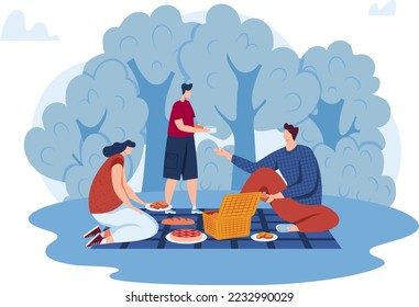 Family people character at picnic, vector illustration. Woman man at summer together, person eat food and have cartoon leisure.