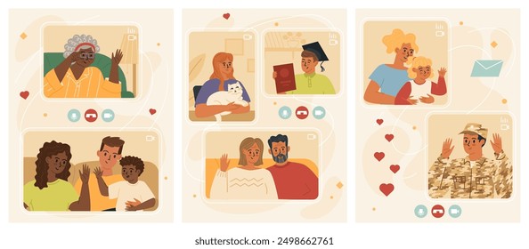 Family people characters using video chat for communication set