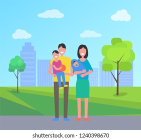 Family people in city park. Mother with newborn kid and pacifier, father holding little boy son with basketball ball. Spouses smiling in town vector