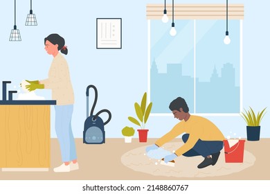 Family people clean home apartment together. Man and woman housekeeping, girl in gloves washing dishes, everyday cleanup routine of wife and husband flat vector illustration. Housework concept