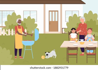 Family people cook on bbq picnic party in backyard vector illustration. Cartoon grandparents cooking grilled food for grandchildren, grill sausages in summer nature of back yard near house background