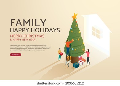 Family people decorate Christmas tree and prepare gift boxes together. Merry christmas and happy new year. for web banner. isometric vector illustration.