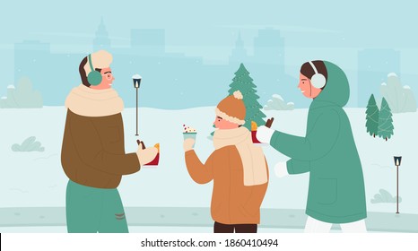 Family people drinking hot winter drinks in winter snow park landscape vector illustration. Cartoon mother, father and son boy child holding Christmas mulled wine and cocoa glasses in hands background