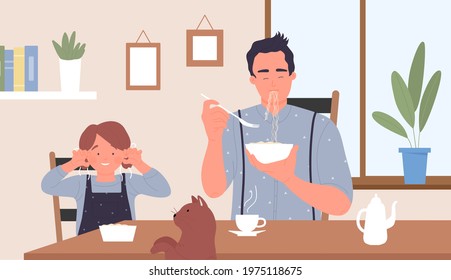 Family people eat breakfast, child playing vector illustration. Cartoon happy father character eating, daughter girl kid and pet cat sitting at table in kitchen home interior, play together background