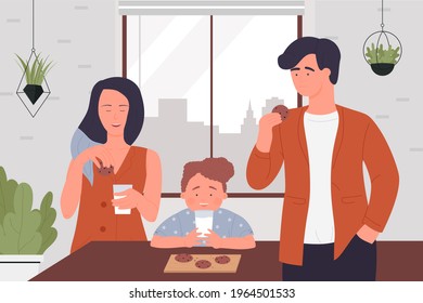 Family people eat cookies vector illustration. Cartoon young father mother and son child characters holding delicious chocolate cake, drinking milk and eating cookies in kitchen interior background