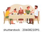 Family people eat dinner at home vector illustration. Cartoon mother feeding little daughter, father, son, grandmother sitting at dining table and eating isolated on white. Happy family time concept