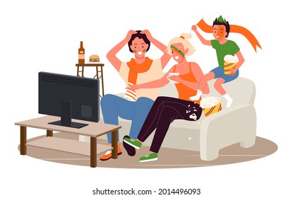 Family people fans watching soccer match tournament together, characters sitting on sofa