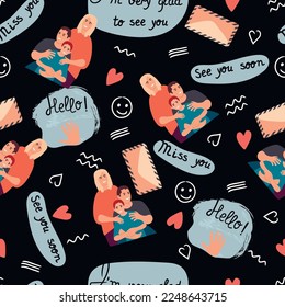 Family of people and handwritten quotes seamless pattern.Miss you,see you soon,hello.Black background with doodle elements,hearts.Cartoon print on fabric and paper.Vector flat style illustration.