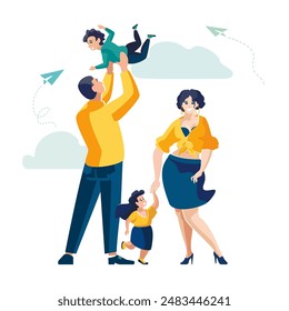 Family people. Happy family, mother, father, daughter, son holding hands and hugging, full prosperous family.Family album, magazine, flyer, poster, banner, young mother, motherhood.Vector illustration