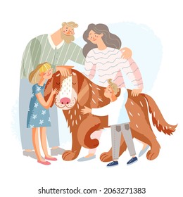 Family People Hug Dog, Friendship With Pet Vector Illustration. Cartoon Happy Father Mother Daughter And Son Characters Standing Near Big Dog, Children Hugging Best Friend Animal Isolated On White