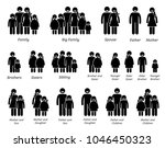 Family and People Icons. Stick figure pictograms depict a family with father, mother, children, brother, and sister standing together side by side.