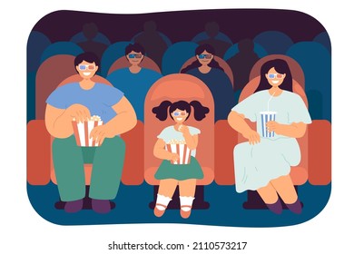 Family people with kid watching movie in cinema theatre. Funny male and female characters sitting in chairs, mother, father and daughter eating popcorn flat vector illustration. Entertainment concept