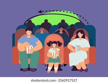 Family people with kid watching movie in cinema theatre. Funny male and female characters sitting in chairs, mother, father and daughter eating popcorn flat vector illustration. Entertainment concept