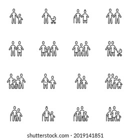 Family people line icons set, outline vector symbol collection, linear style pictogram pack. Signs, logo illustration. Set includes icons as man and woman, mother and father with child, parents