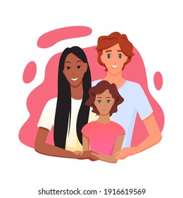 Family people with multi race parent and kid vector illustration. Cartoon european man and asian woman hugging child daughter, relationship and love of multiracial happy couple isolated on white