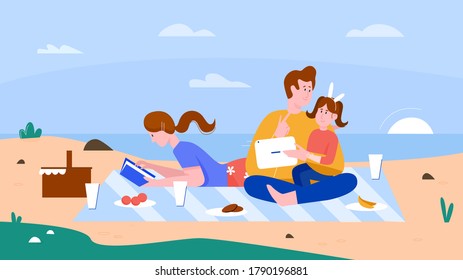 Family people on summer beach flat vector illustration. Cartoon happy mother and father spend time together with girl kid on beach outdoor picnic, summertime travel vacation on beachside background