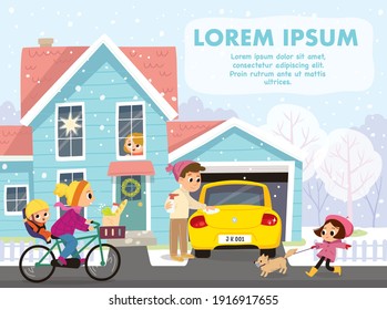 Family, People Outdoor In Winter On Christmas. Winter Season,snowfall,cold Outside. Children Look Out The Window And Play Outdoors.Vector Illustration.Girl Walking Dog.Mother With Childs Rides Bicycle