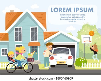 Family, people outdoor.Picture of quiet every day life in suburbs. Mother with child rides bicycle. Suburbs on weekend.Daily life. Daddy washing car.Son play basketball on backyard.Suburbs life image.