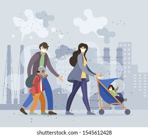 Family people parents, children wearing protective face masks walking along dusty polluted street on the background of smoking pipes of factories, industry smoke, dust. Pollution environmental vector