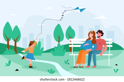 Family people in park vector illustration. Cartoon flat happy pregnant mother and father spend time together with girl kid in city park, child running with kite, summer outdoor activity background