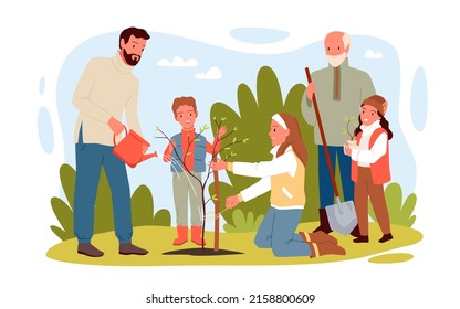 Family people planting tree in garden or city park. Cartoon father watering seedling, children help adults grow plants and save environment flat vector illustration. Reforestation, ecology concept