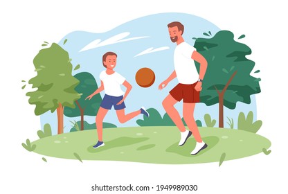 Familiares juegan al fútbol en el parque natural de la ciudad, padre e hijo jugando al deporte divertido