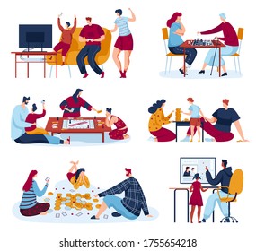 Family people play board games vector illustrations. Cartoon flat mother, father and kids player characters have fun together, parents with children playing chess or gaming strategy isolated on white