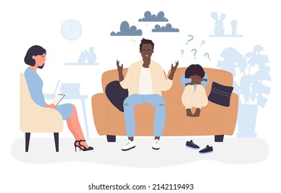 Family people and psychologist on counseling session. Discussion of woman, man and child about relationship problem, parent and kid sitting on couch flat vector illustration. Psychotherapy concept