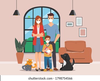 Family People in quarantine wearing a face mask adjusting to the new normal lifestyle and stay at home.