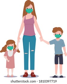 Family People in quarantine wearing a face mask adjusting to the new normal lifestyle. Stop the COVID-19 viruses spread concept.