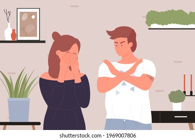 Family people quarrel vector illustration. Cartoon young angry man character quarreling in anger, frustrated sad woman crying, unhappy couple arguing, bad abuse conflict relationship background