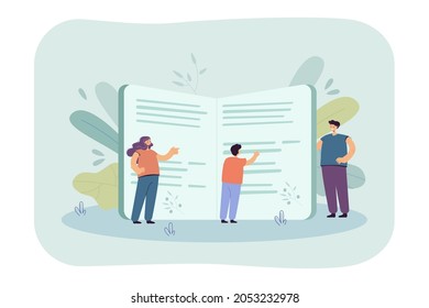 Family people reading book together. Tiny mother, father, son standing near big book flat vector illustration. Education, homework with parents concept for banner, website design or landing web page