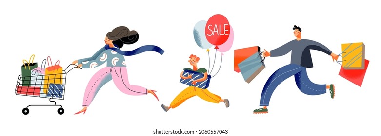 Family people run with bags, supermarket trolley and balloons for shopping on black friday vector illustration. Cartoon crazy funny father mother son child characters hurry to buy isolated on white