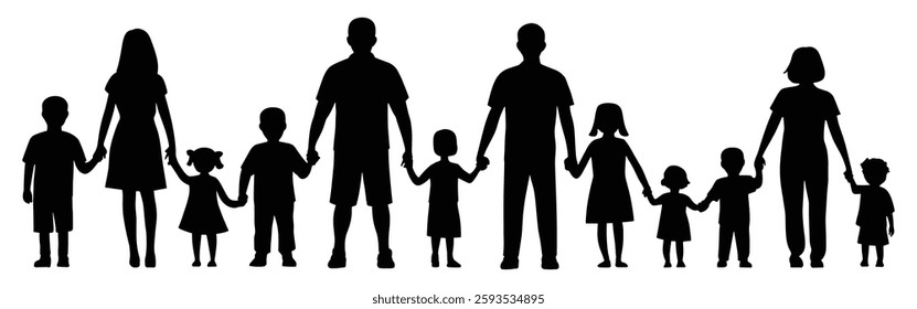 A family of people silhouette holding hands in a line vector illustration