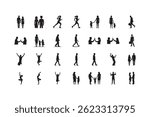 Family and People Silhouette Set – Walking, Running, Yoga, High Five, Couple, Parent and Child, Celebration Poses – Vector Illustration