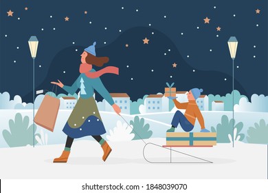 Family people sledding, Christmas outdoor activity vector illustration. Cartoon mother with kid son enjoying sleigh ride, holding shopping bags with gifts to celebrate winter xmas holidays background