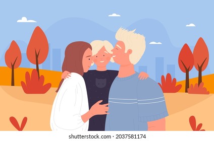 Family people spend fun time in autumn city park, cute scene vector illustration. Cartoon mother father and child characters standing together in town landscape, smiling and hugging background