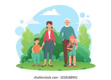 Family people standing in summer city green park together, several generations vector illustration. Cartoon mother grandfather, children grandson and granddaughter characters walking isolated on white