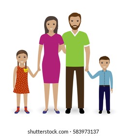 Family people standing together. Father, mother, son and daughter isolated on a white background. Flat vector illustration..