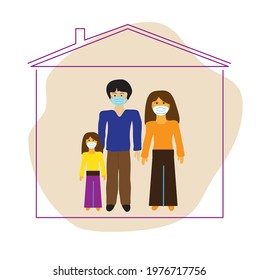 Family people stay at home during the coronavirus pandemic, stay safe. flat design style, beige blurred background. People in medical masks.