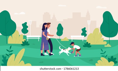 Family people in summer city park vector illustration. Cartoon flat mother, father and son characters walking and playing with pet dog in green park landscape, cityscape with happy family background