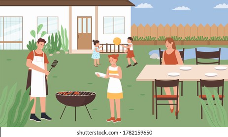 Family people in summer picnic vector illustration. Cartoon flat happy mother father picnickers grill meat sausages, fun children characters play game. Bbq party, outdoor weekend activity background