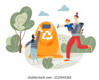 Family people throwing trash garbage into street container with recycle sign vector illustration. Cartoon mother with baby boy running to dustbin to throw bottle away, little kid with paper waste