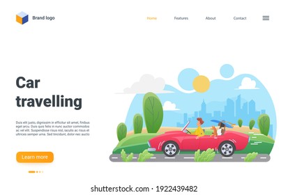 Family people travel by car vector illustration. Cartoon man woman travelers characters and pet dog sitting in cabriolet, traveling summer landscape with modern city on horizon, road trip landing page